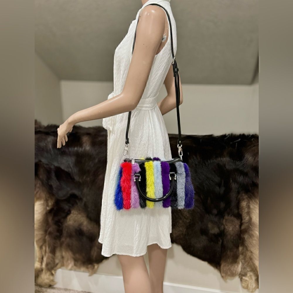 Multi Way Use Handmade Color-block Real Mink Fur Top Handles Satchel/Crossbody - Picture 8 of 16